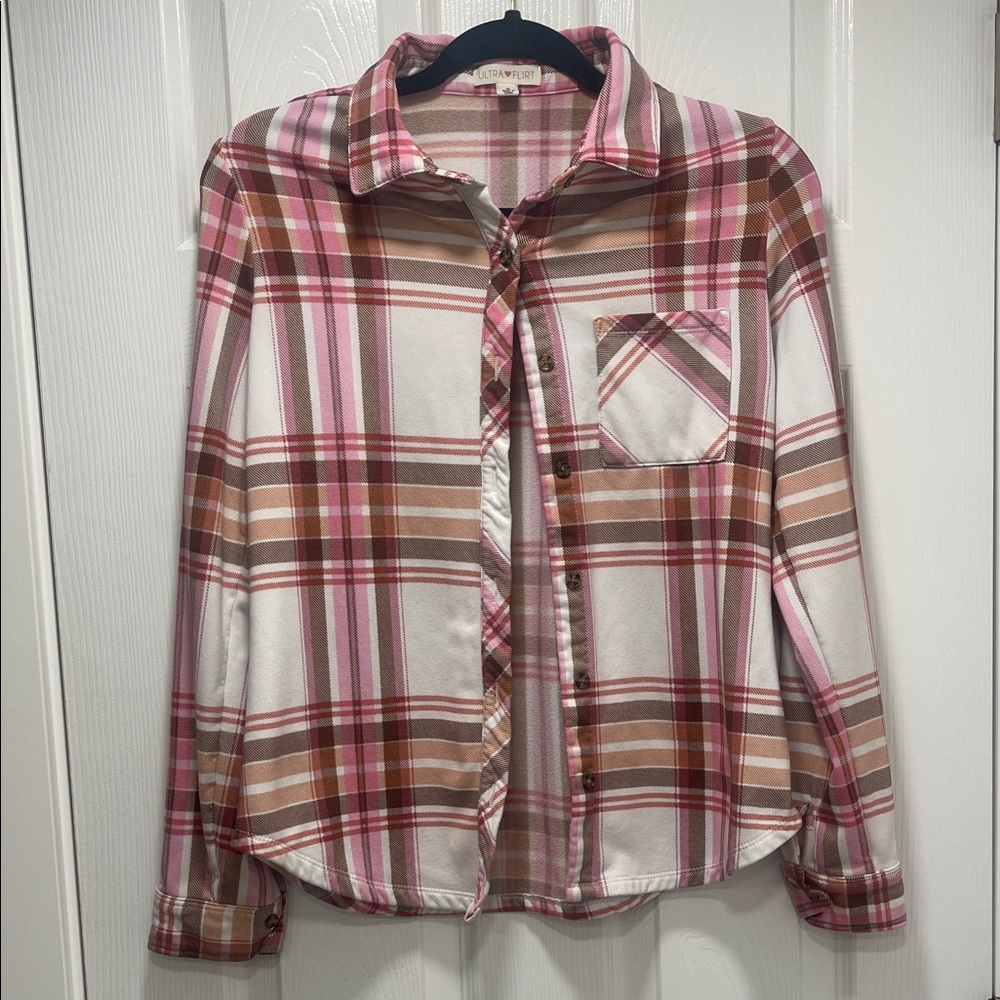 Ultra Flirt Pink and Brown Plaid Button-Up Shirt